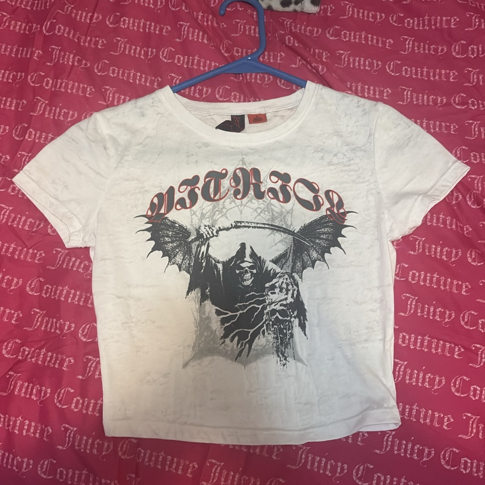 Vitriol Grim Reaper Skull Graphic Baby Tee Women S White Burnout Semi-Sheer Top